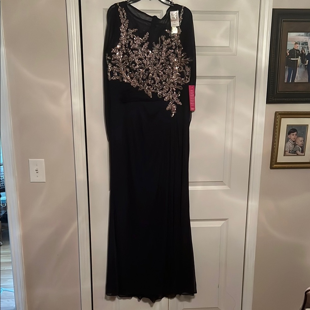 Betsy & Adam Navy Blue Maxi Dress with gold beads and sequin embellishments.